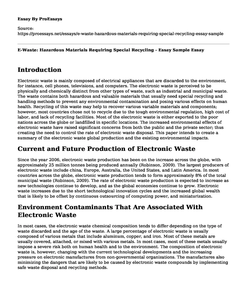 E-Waste: Hazardous Materials Requiring Special Recycling - Essay Sample
