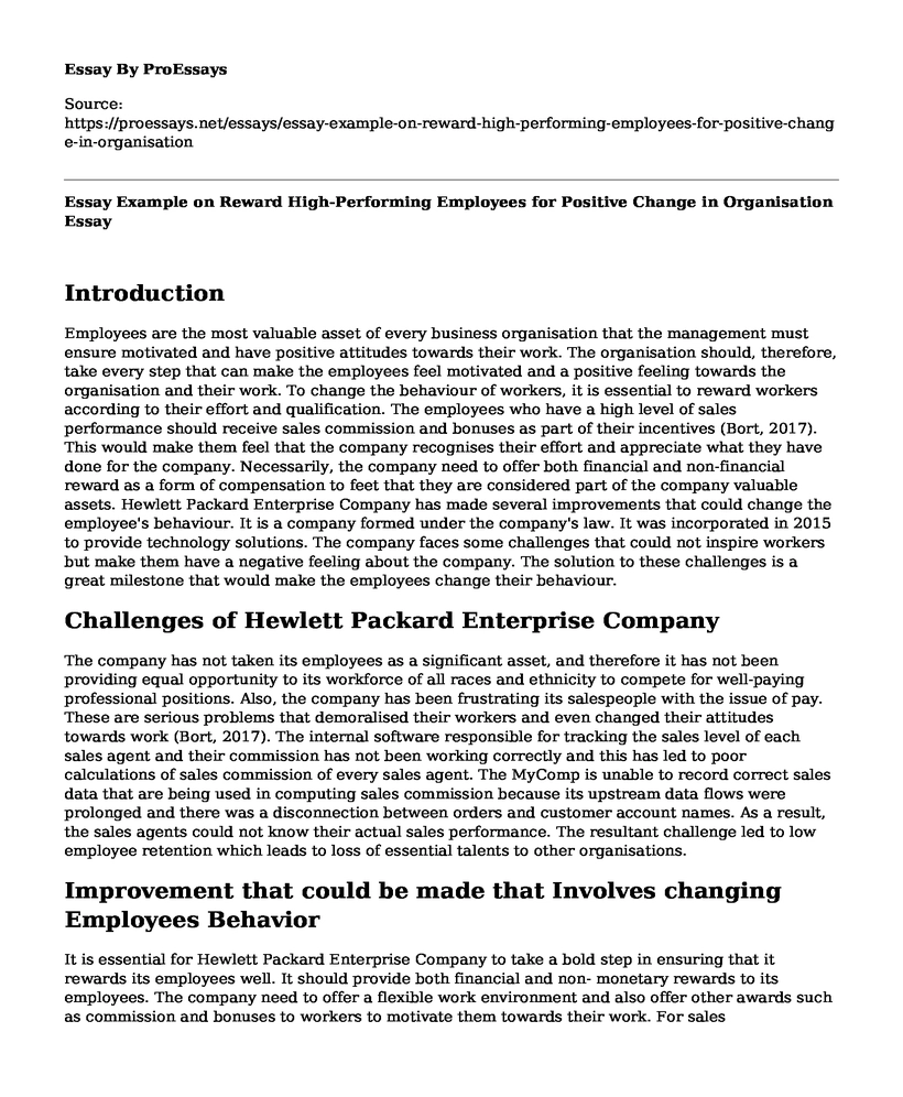Essay Example on Reward High-Performing Employees for Positive Change in Organisation