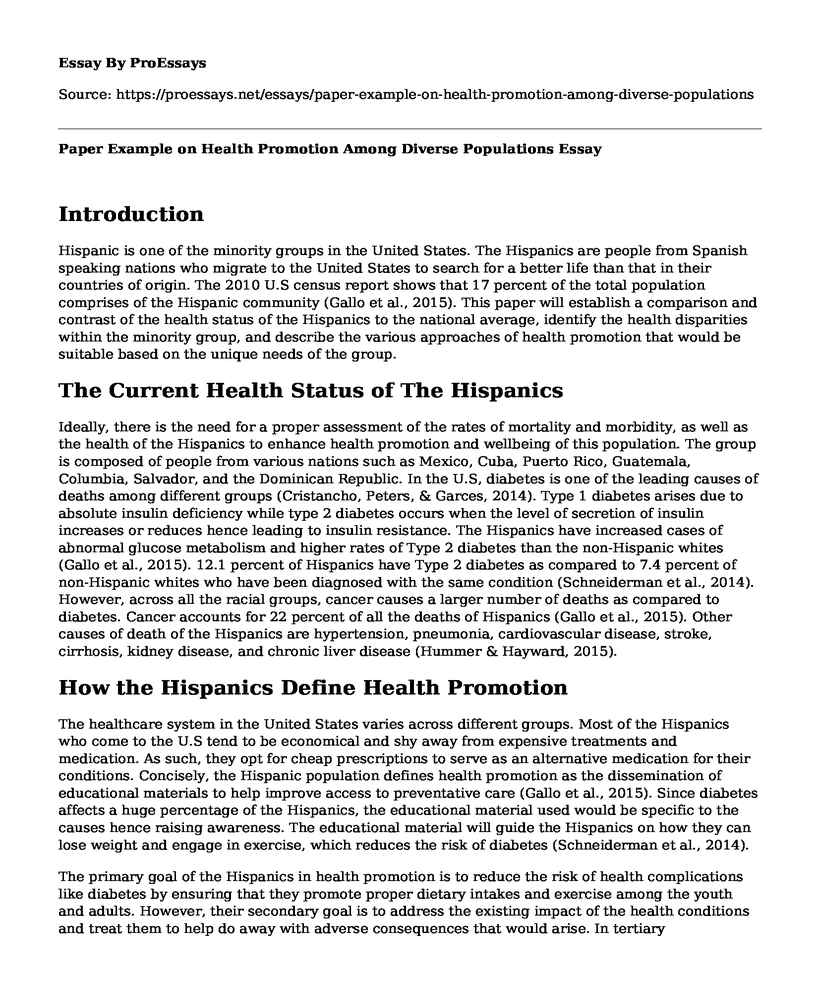 Paper Example on Health Promotion Among Diverse Populations