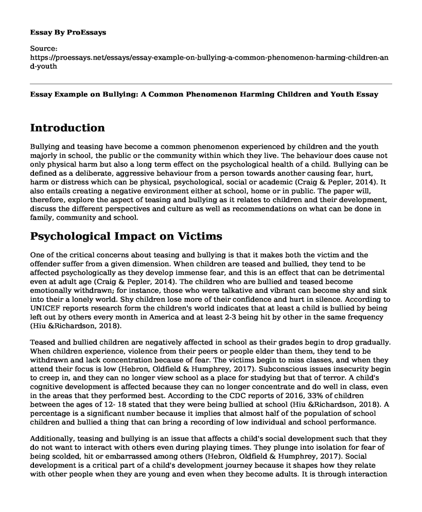 Essay Example on Bullying: A Common Phenomenon Harming Children and Youth