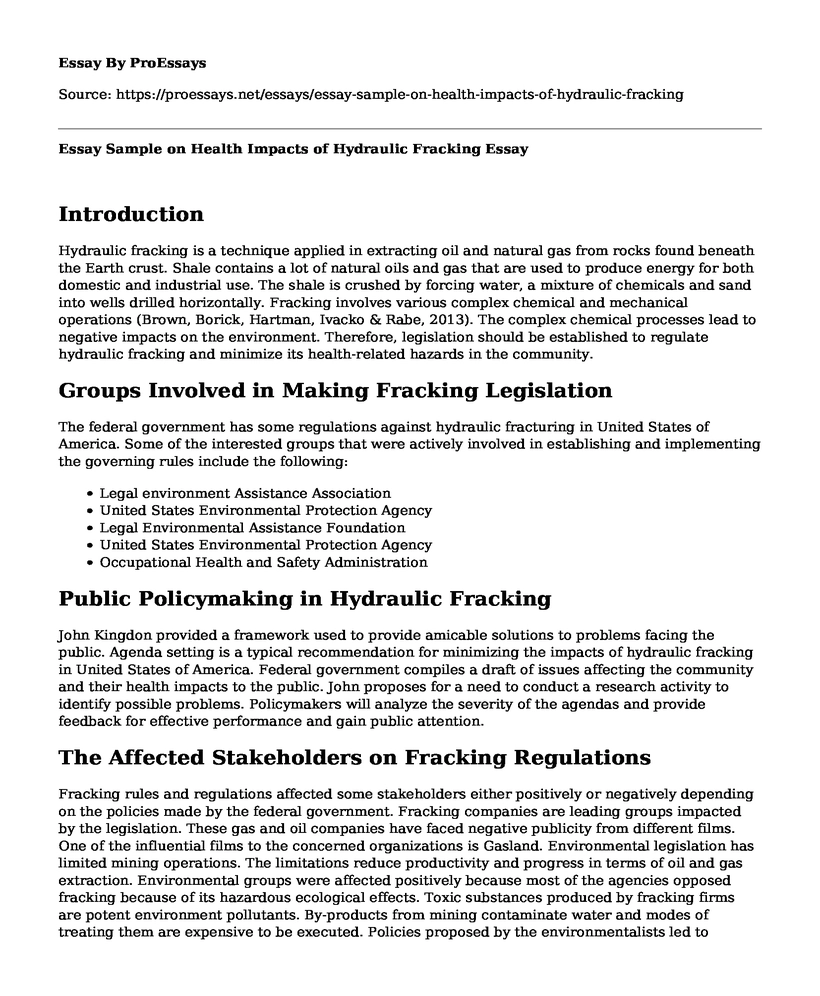Essay Sample on Health Impacts of Hydraulic Fracking