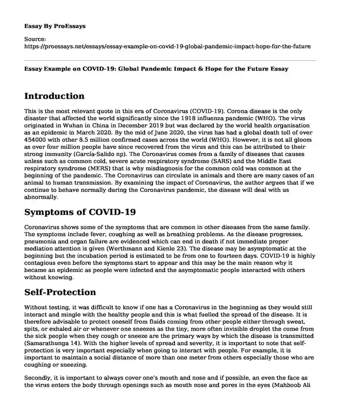 Essay Example on COVID-19: Global Pandemic Impact & Hope for the Future