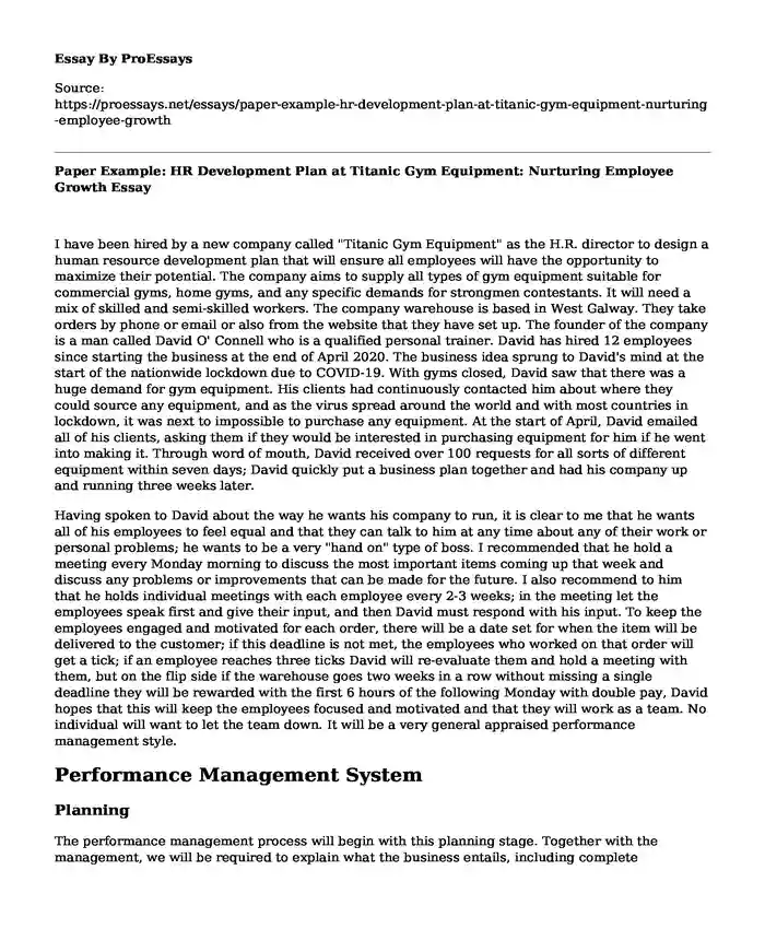 Paper Example: HR Development Plan at Titanic Gym Equipment: Nurturing Employee Growth