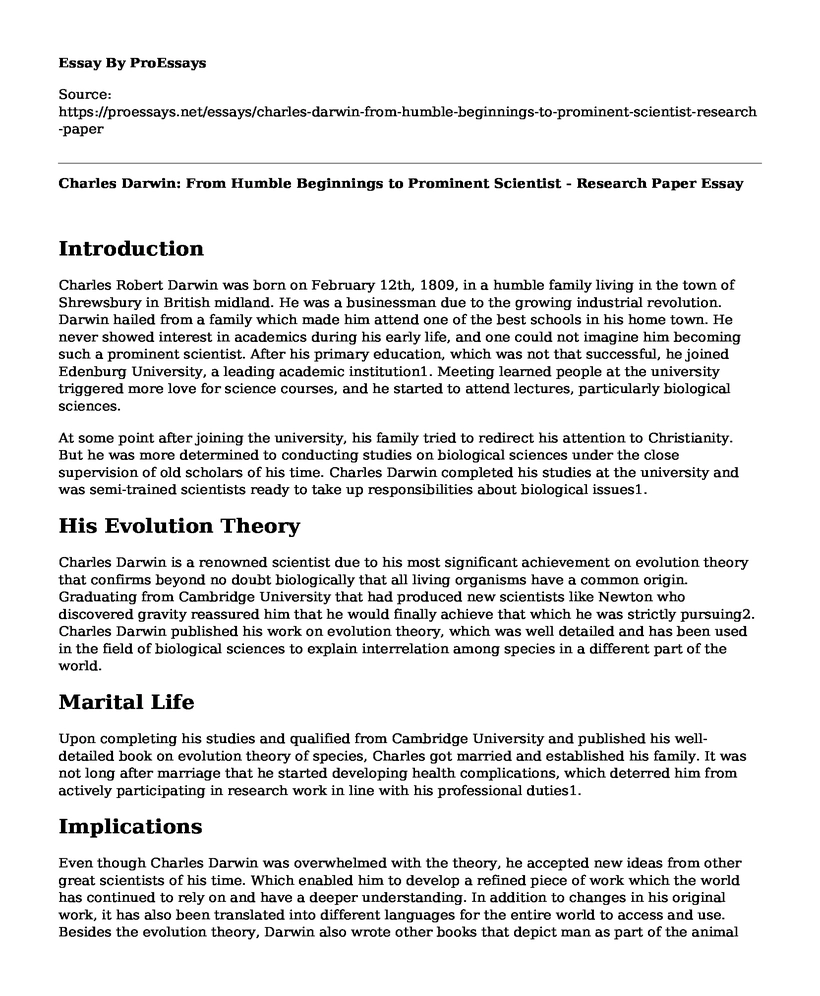 Charles Darwin: From Humble Beginnings to Prominent Scientist - Research Paper