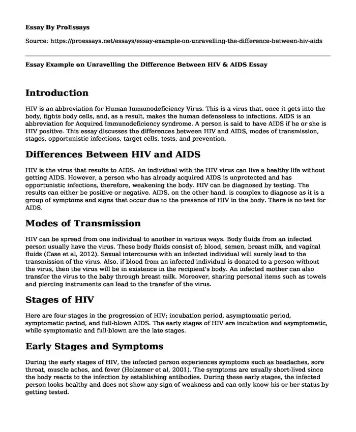 Essay Example on Unravelling the Difference Between HIV & AIDS