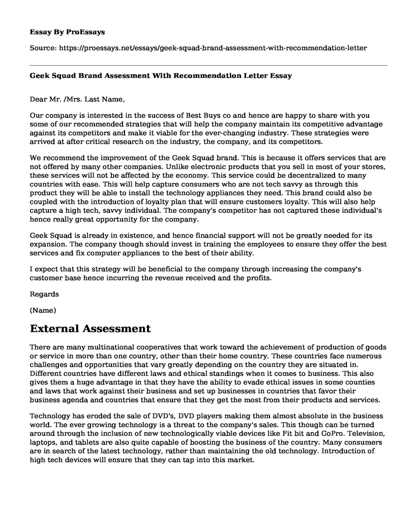 Geek Squad Brand Assessment With Recommendation Letter
