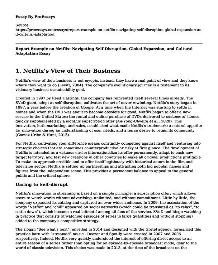 Report Example on Netflix: Navigating Self-Disruption, Global Expansion, and Cultural Adaptation