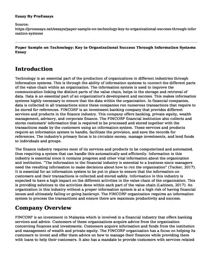 Paper Sample on Technology: Key to Organizational Success Through Information Systems