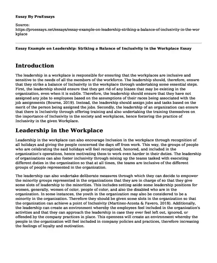 Essay Example on Leadership: Striking a Balance of Inclusivity in the Workplace