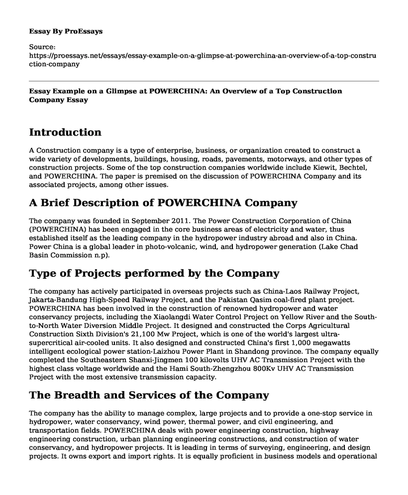 Essay Example on a Glimpse at POWERCHINA: An Overview of a Top Construction Company