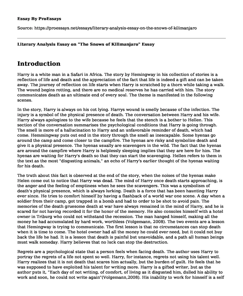 Literary Analysis Essay on "The Snows of Kilimanjaro"