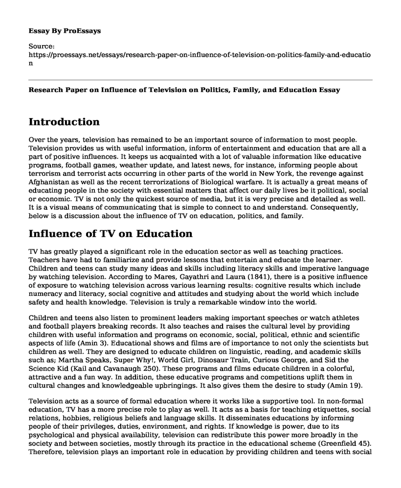 Research Paper on Influence of Television on Politics, Family, and Education