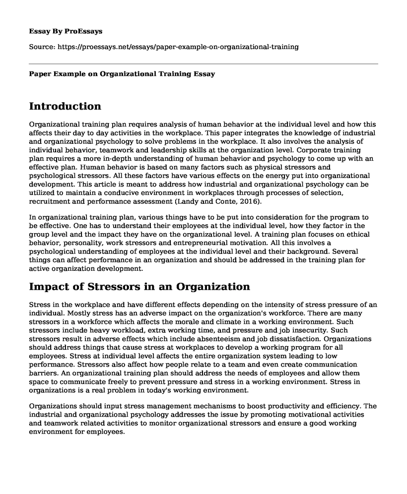 Paper Example on Organizational Training