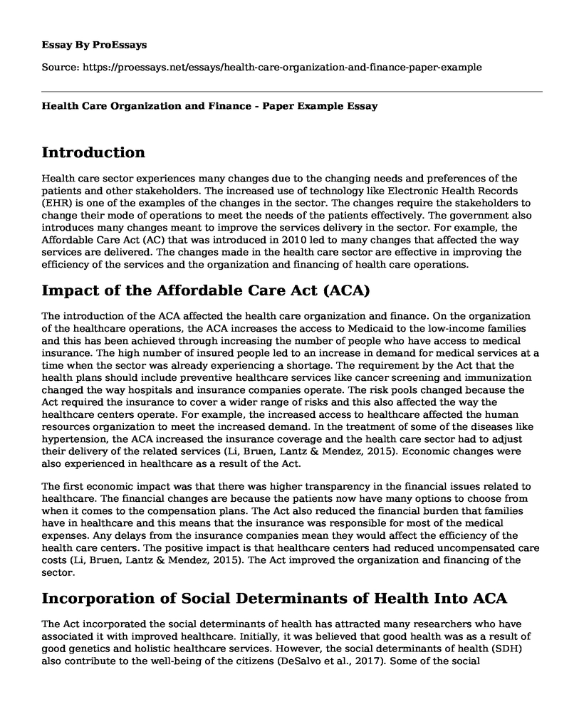 Health Care Organization and Finance - Paper Example