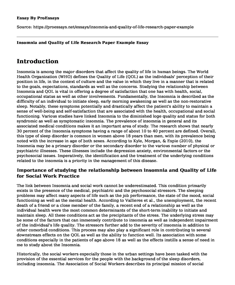 Insomnia and Quality of Life Research Paper Example