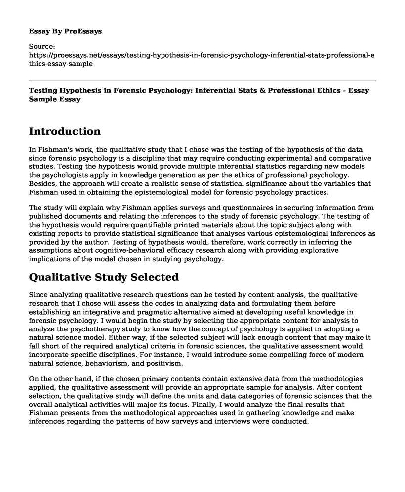 Testing Hypothesis in Forensic Psychology: Inferential Stats & Professional Ethics - Essay Sample