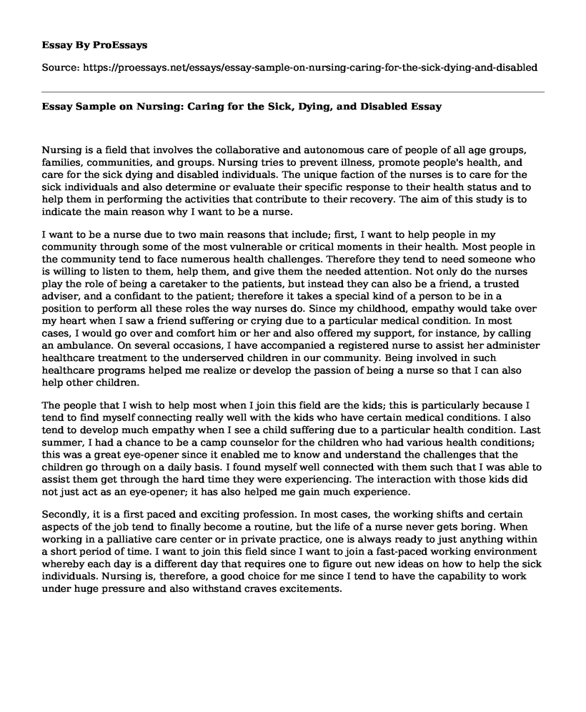Essay Sample on Nursing: Caring for the Sick, Dying, and Disabled