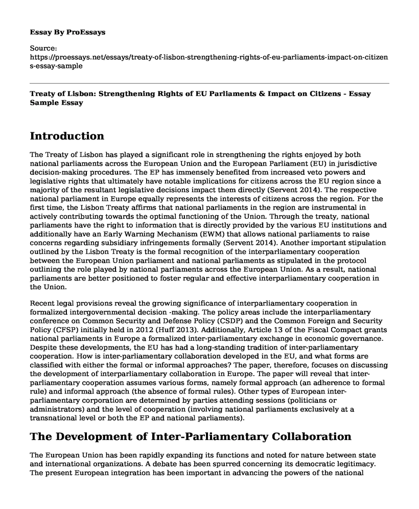 Treaty of Lisbon: Strengthening Rights of EU Parliaments & Impact on Citizens - Essay Sample