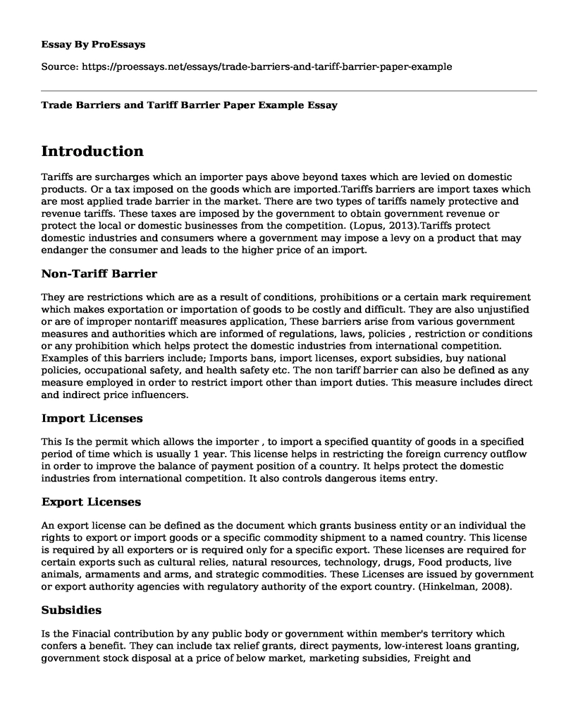 Trade Barriers and Tariff Barrier Paper Example