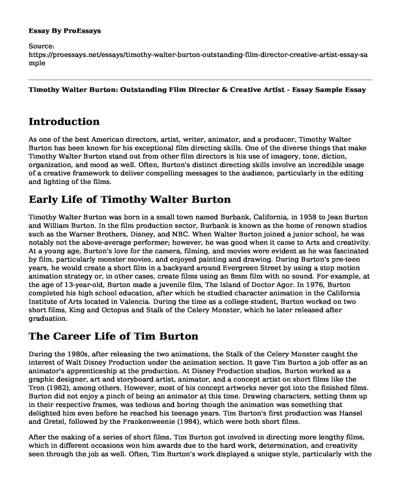 Timothy Walter Burton: Outstanding Film Director & Creative Artist - Essay Sample