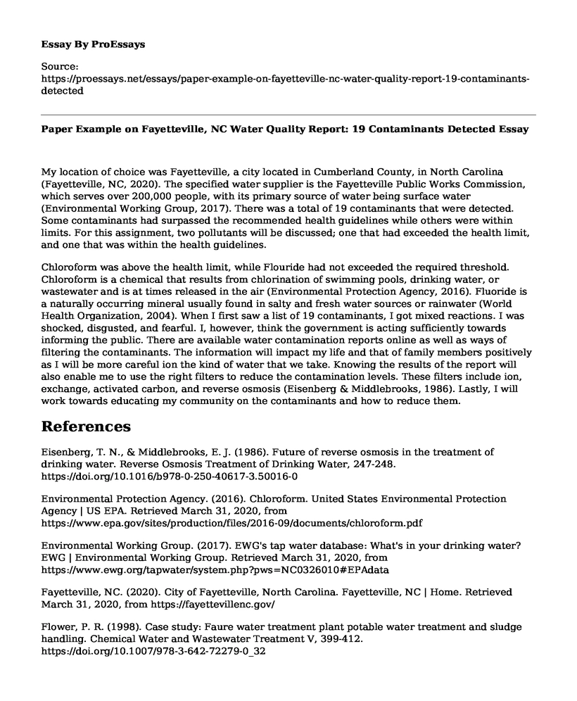 Paper Example on Fayetteville, NC Water Quality Report: 19 Contaminants Detected