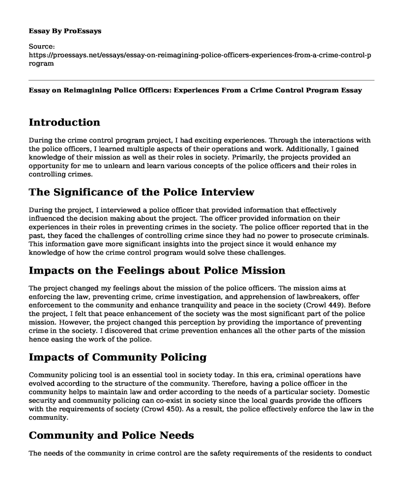 Essay on Reimagining Police Officers: Experiences From a Crime Control Program
