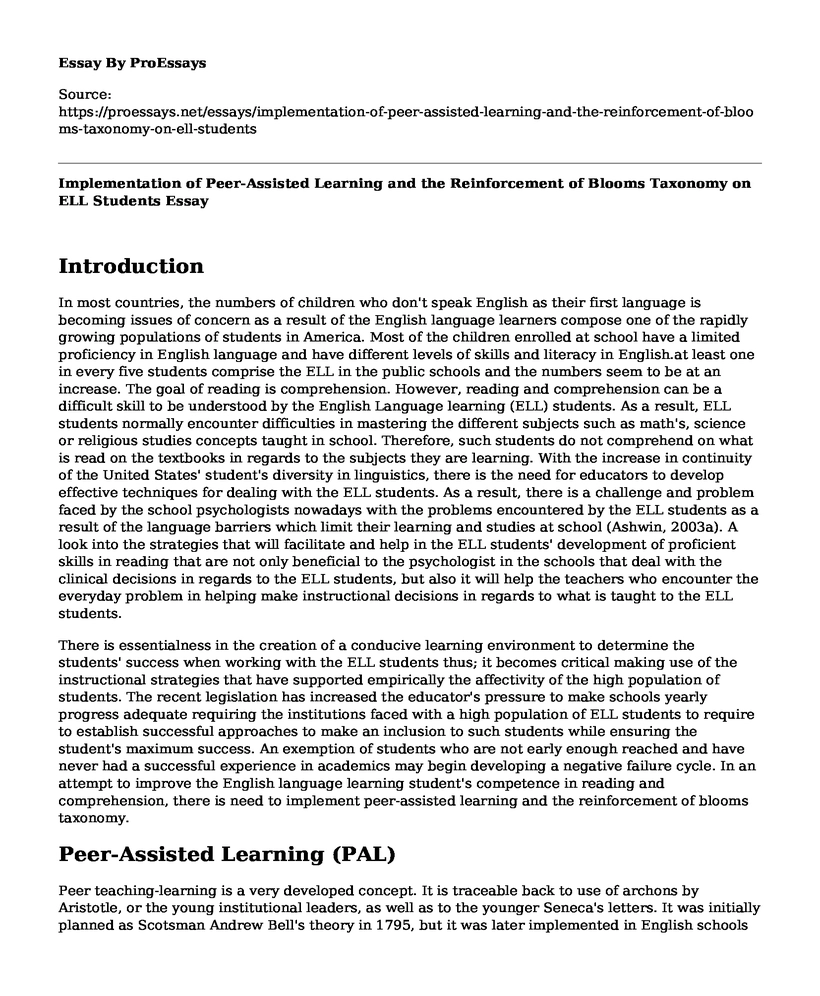 Implementation of Peer-Assisted Learning and the Reinforcement of Blooms Taxonomy on ELL Students