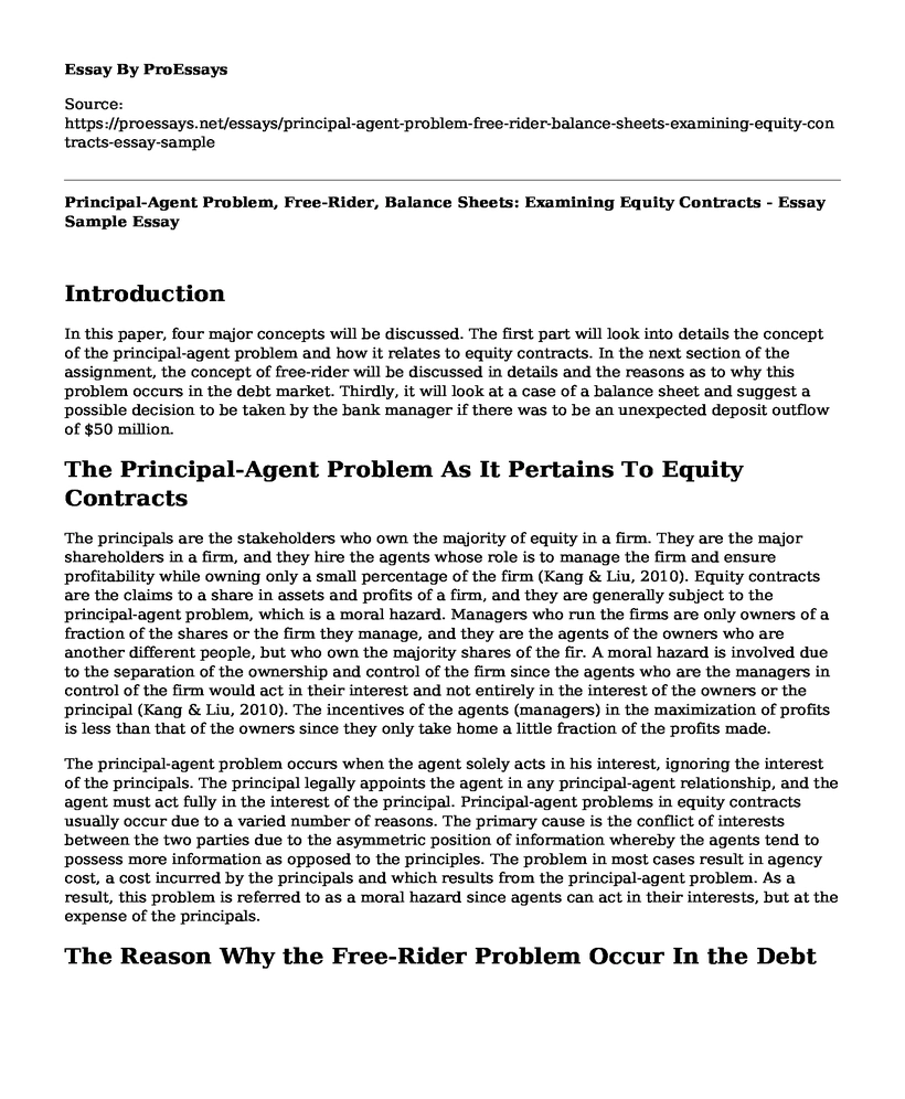 Principal-Agent Problem, Free-Rider, Balance Sheets: Examining Equity Contracts - Essay Sample