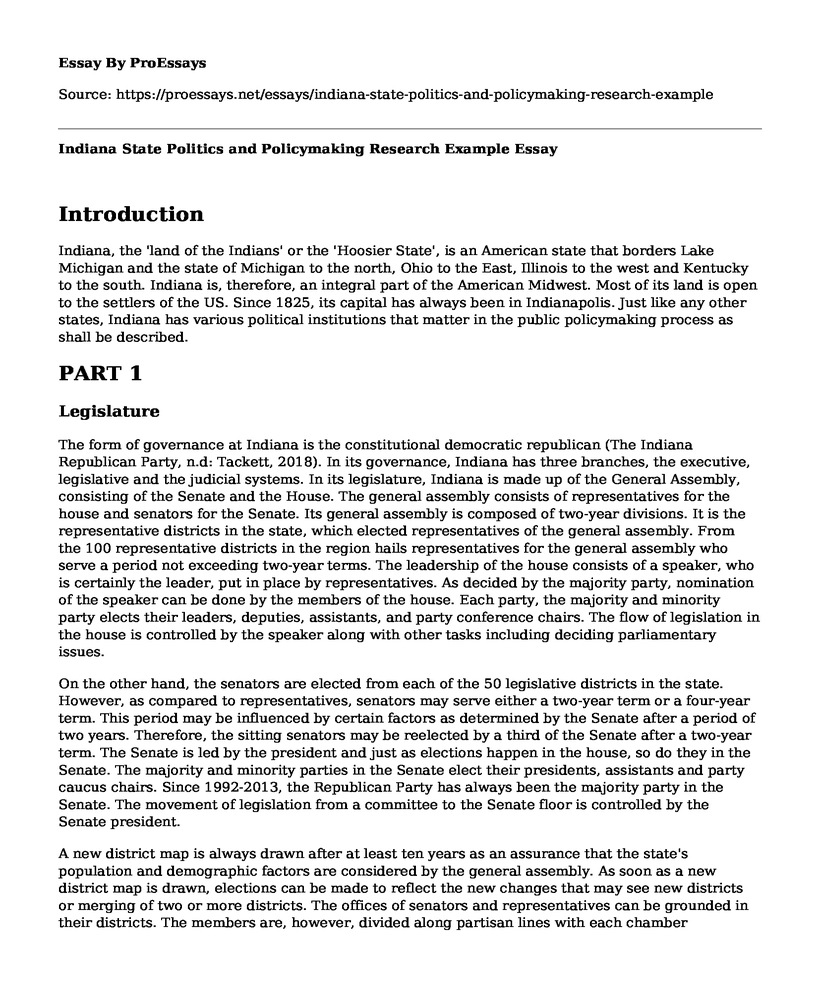 Indiana State Politics and Policymaking Research Example