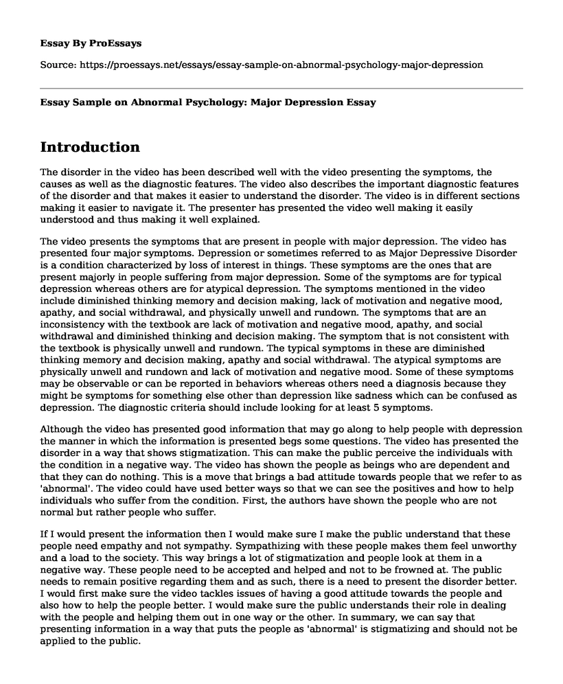 Essay Sample on Abnormal Psychology: Major Depression