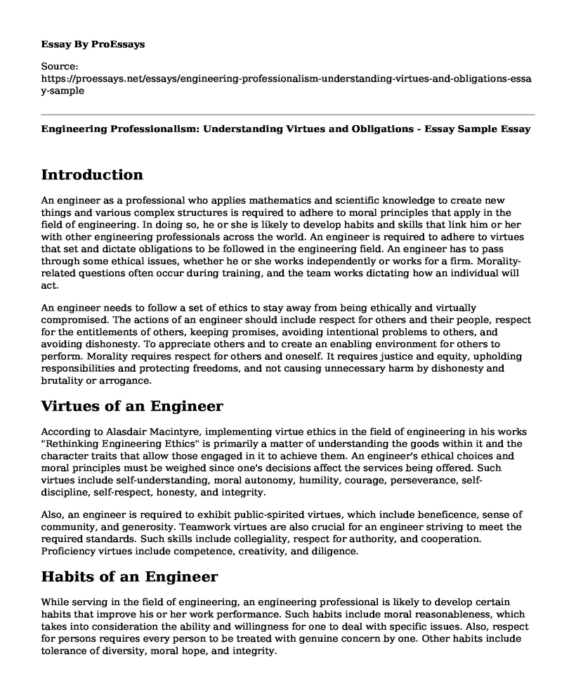 Engineering Professionalism: Understanding Virtues and Obligations - Essay Sample