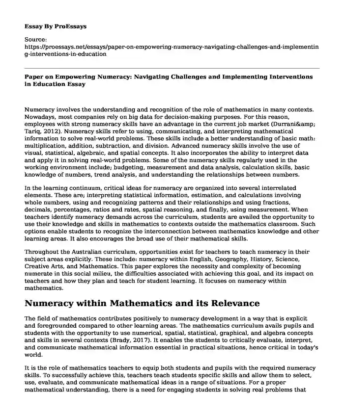 Paper on Empowering Numeracy: Navigating Challenges and Implementing Interventions in Education