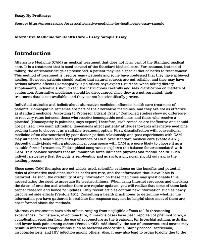 Alternative Medicine for Health Care - Essay Sample