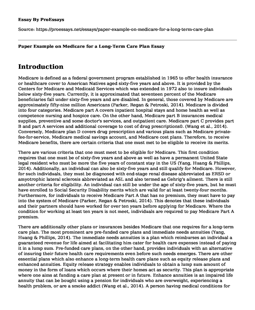 Paper Example on Medicare for a Long-Term Care Plan