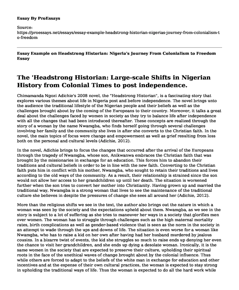 Essay Example on Headstrong Historian: Nigeria's Journey From Colonialism to Freedom
