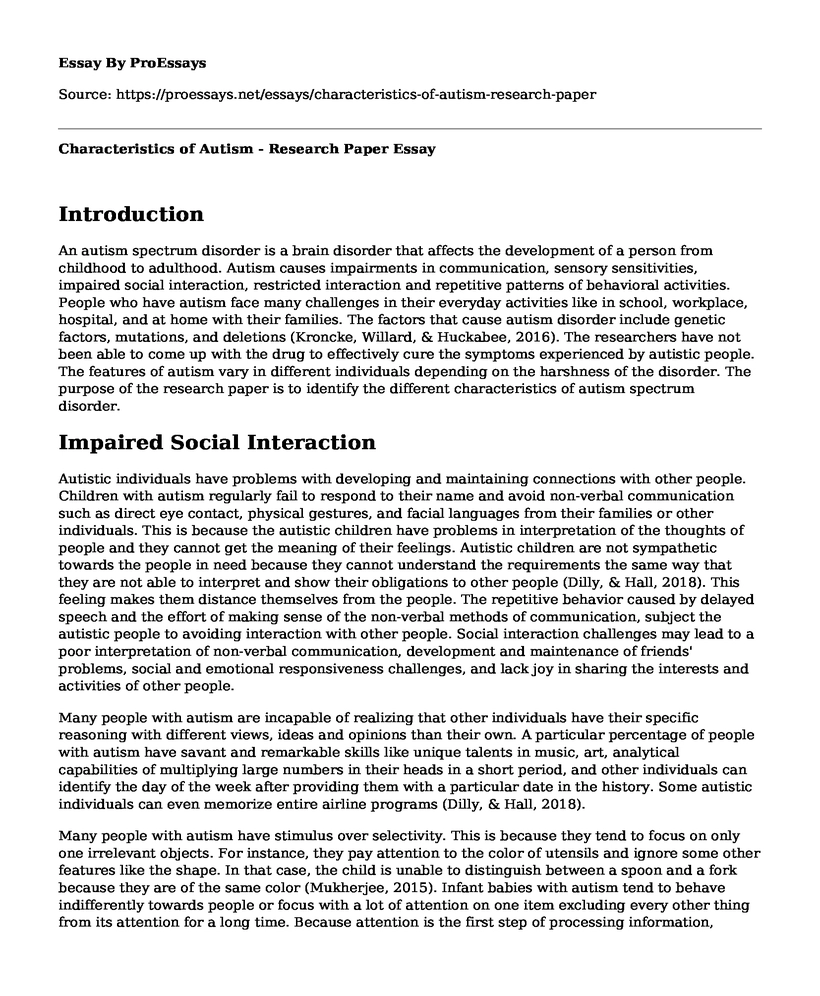 Characteristics of Autism - Research Paper