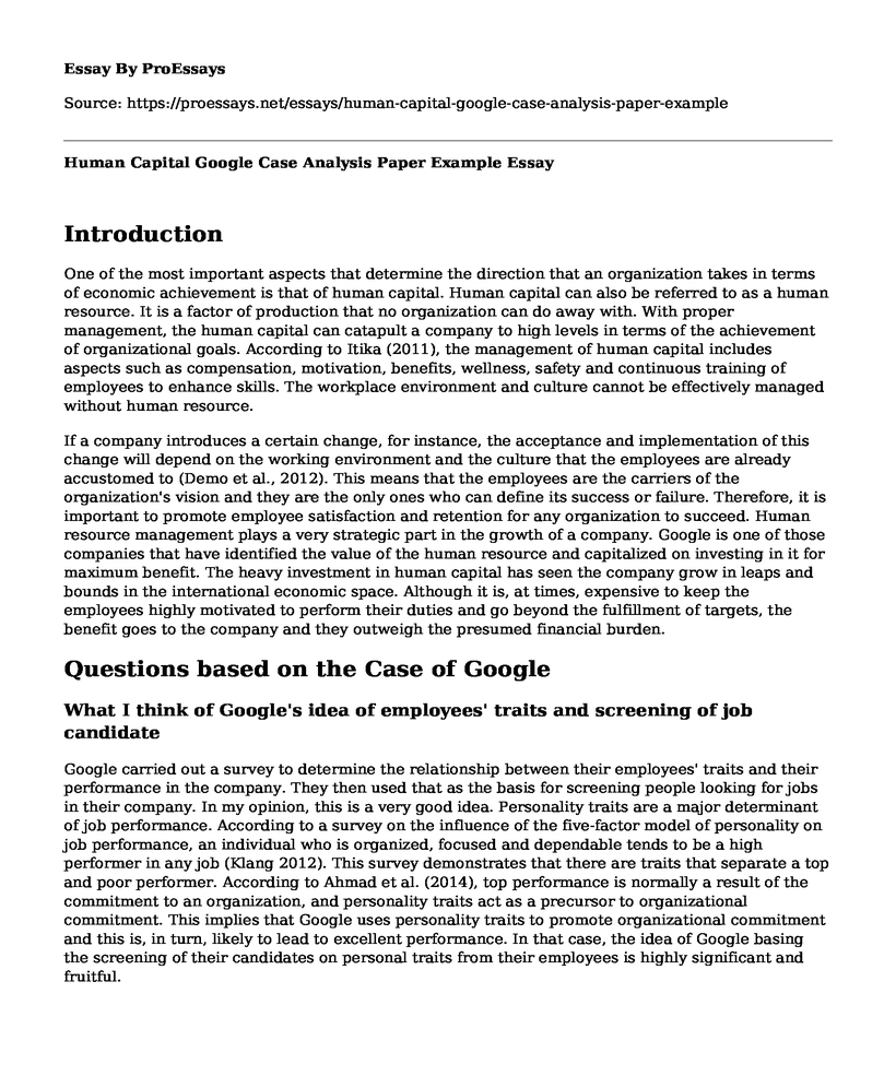Human Capital Google Case Analysis Paper Example