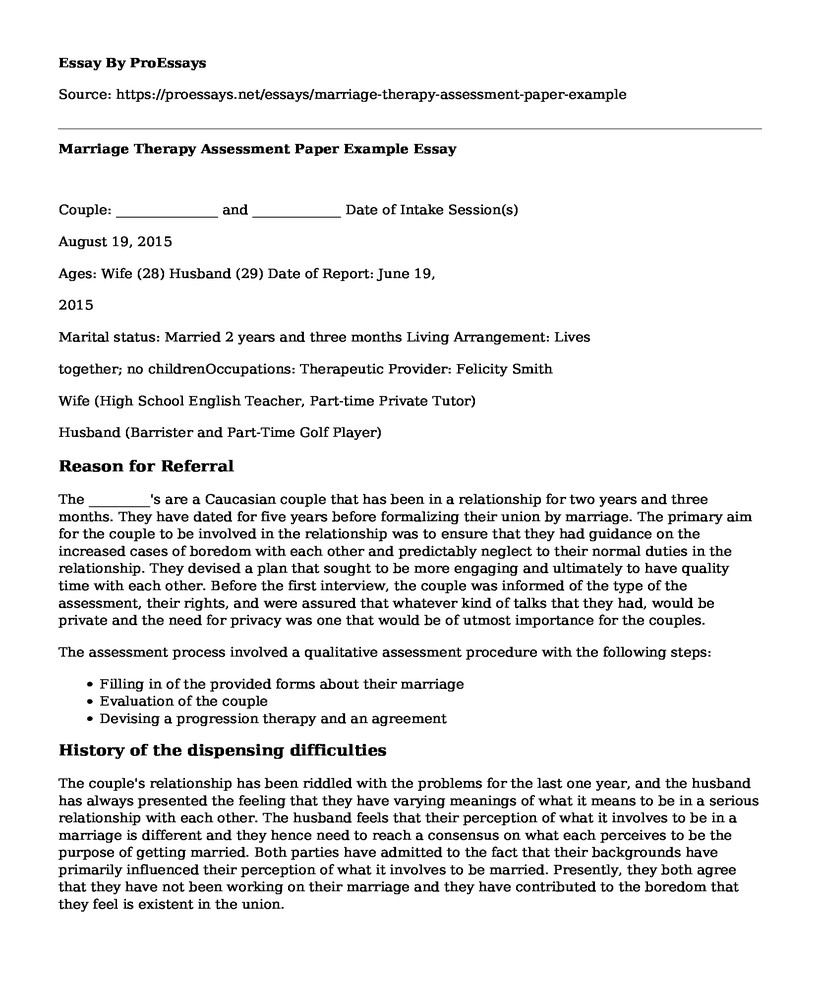 Marriage Therapy Assessment Paper Example