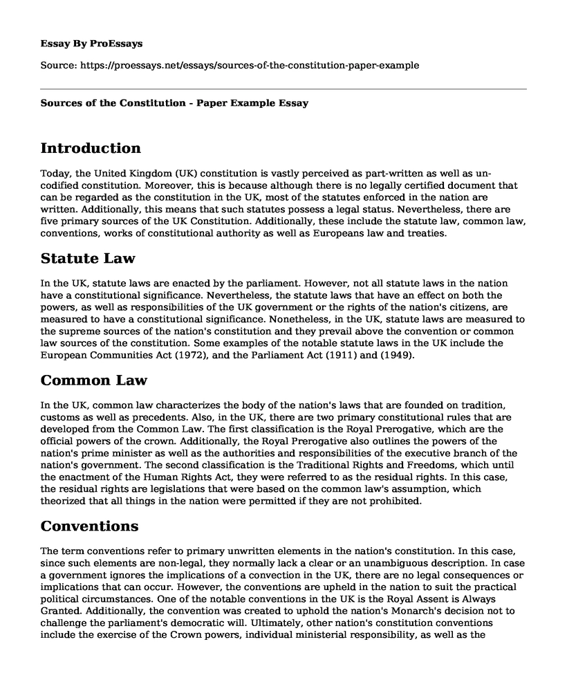 Sources of the Constitution - Paper Example