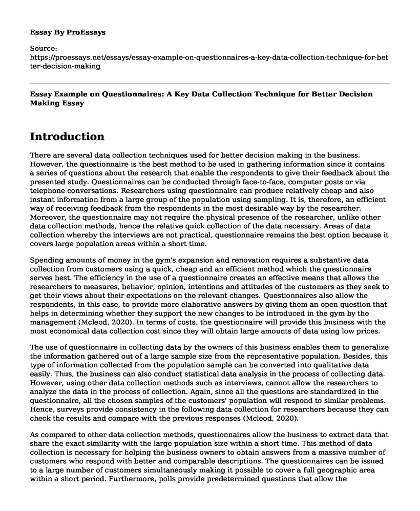 Essay Example on Questionnaires: A Key Data Collection Technique for Better Decision Making