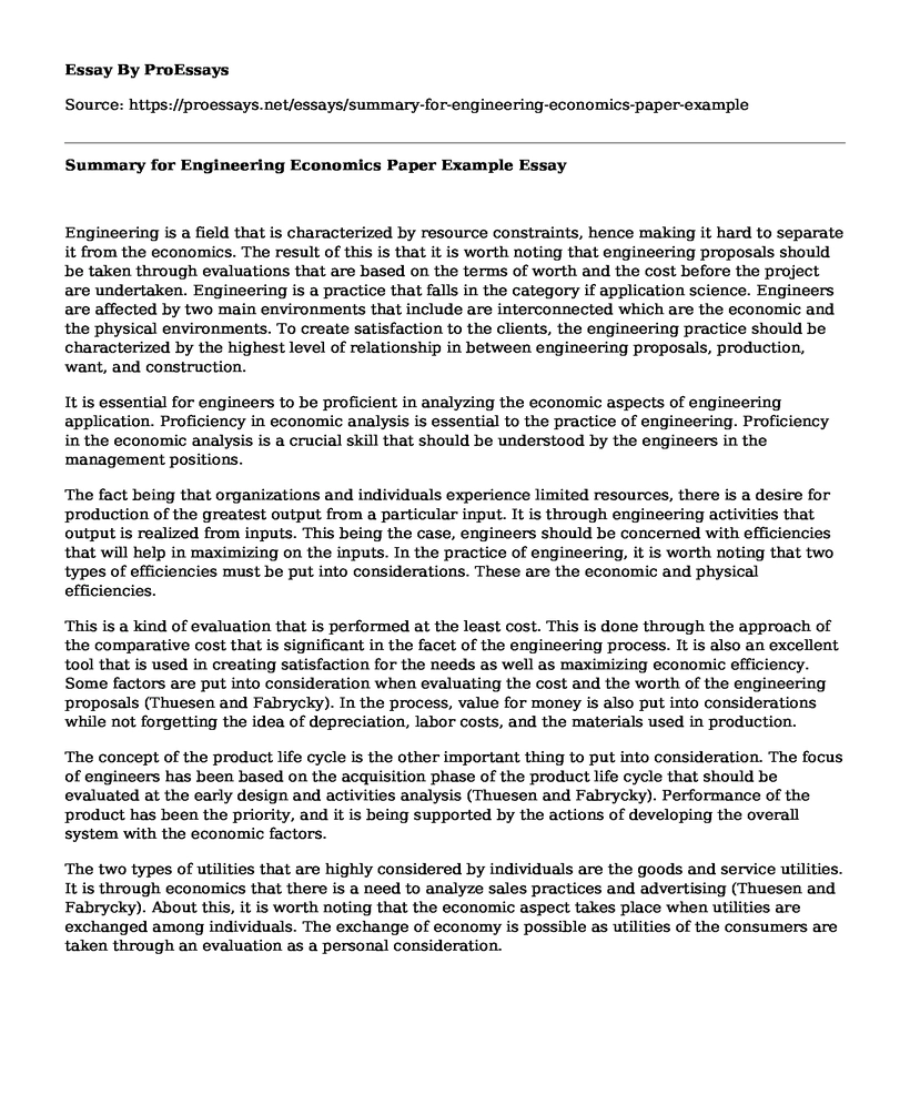 Summary for Engineering Economics Paper Example