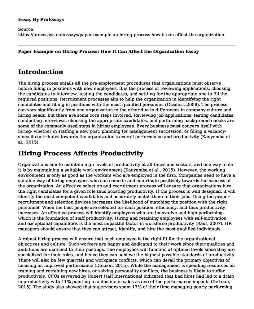 Paper Example on Hiring Process: How It Can Affect the Organization