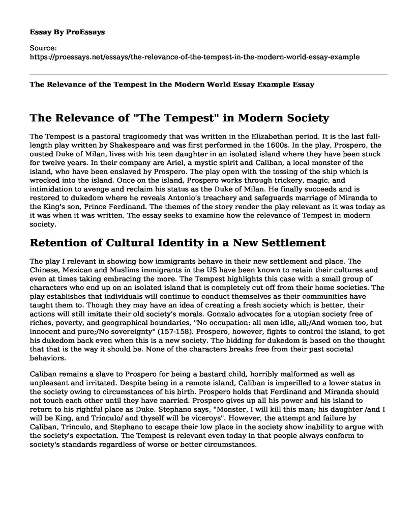 The Relevance of the Tempest in the Modern World Essay Example