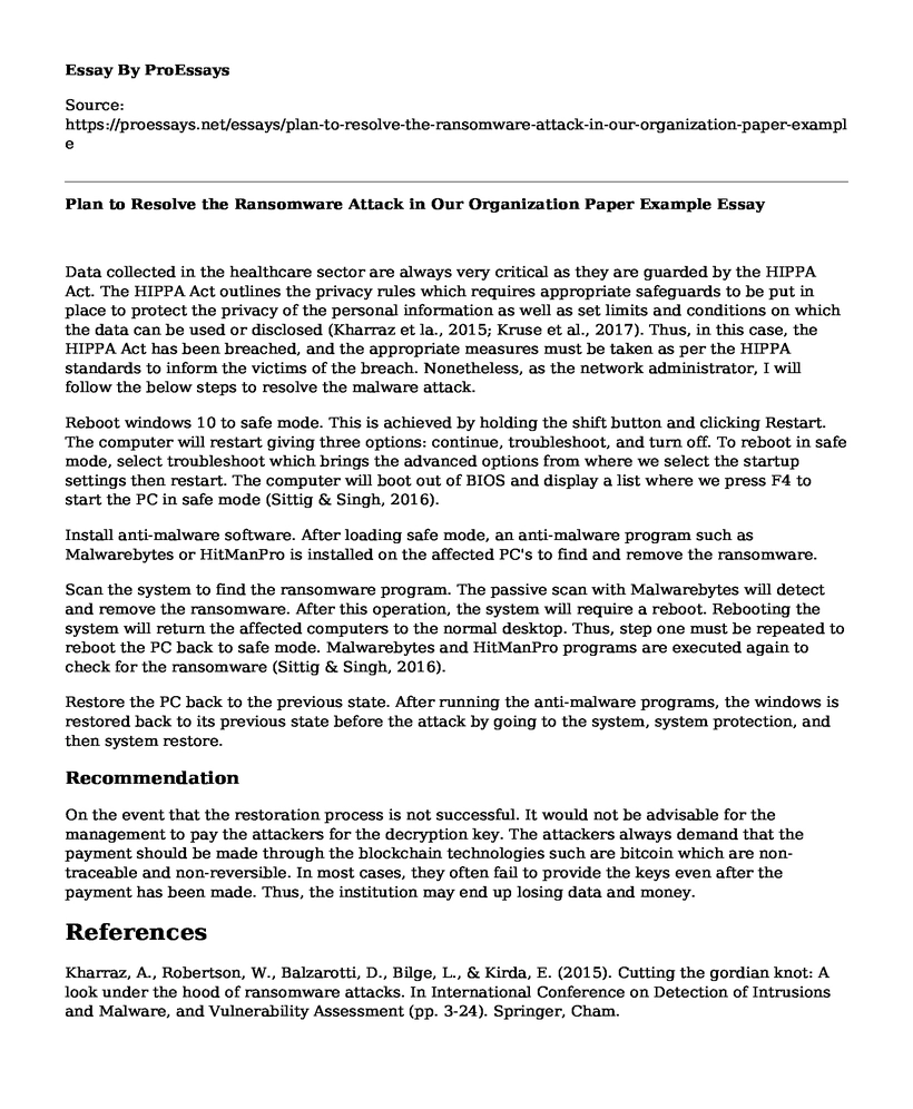 Plan to Resolve the Ransomware Attack in Our Organization Paper Example