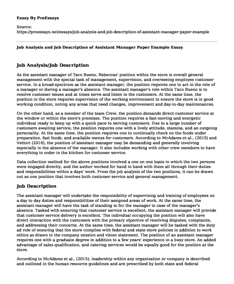 Job Analysis and Job Description of Assistant Manager Paper Example