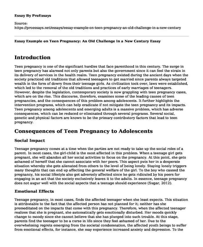 Essay Example on Teen Pregnancy: An Old Challenge in a New Century
