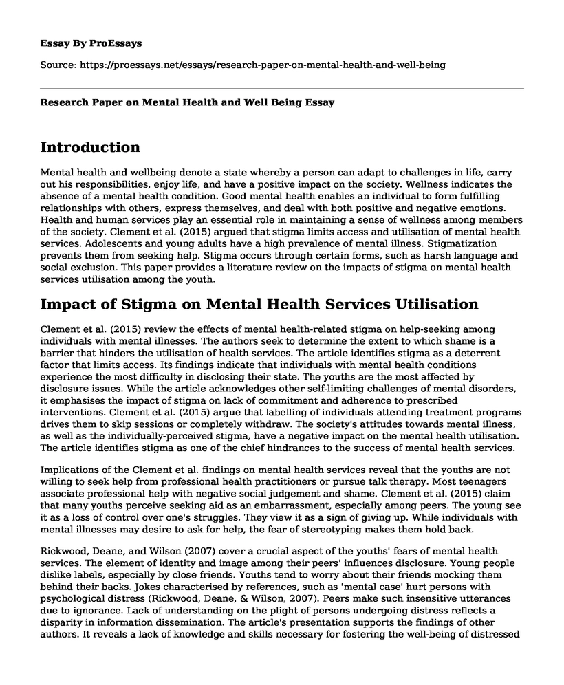 Research Paper on Mental Health and Well Being