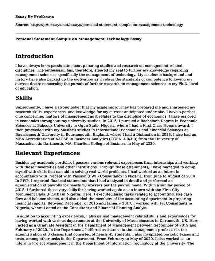 Personal Statement Sample on Management Technology
