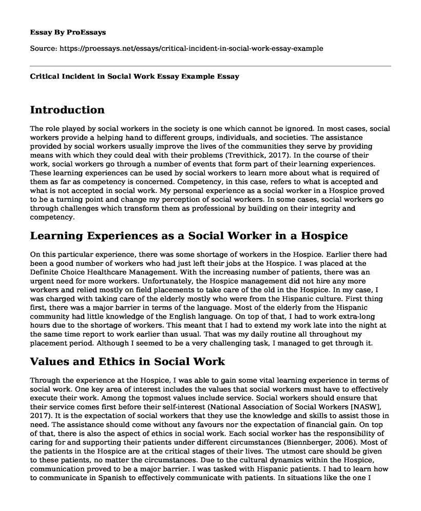 Critical Incident in Social Work Essay Example