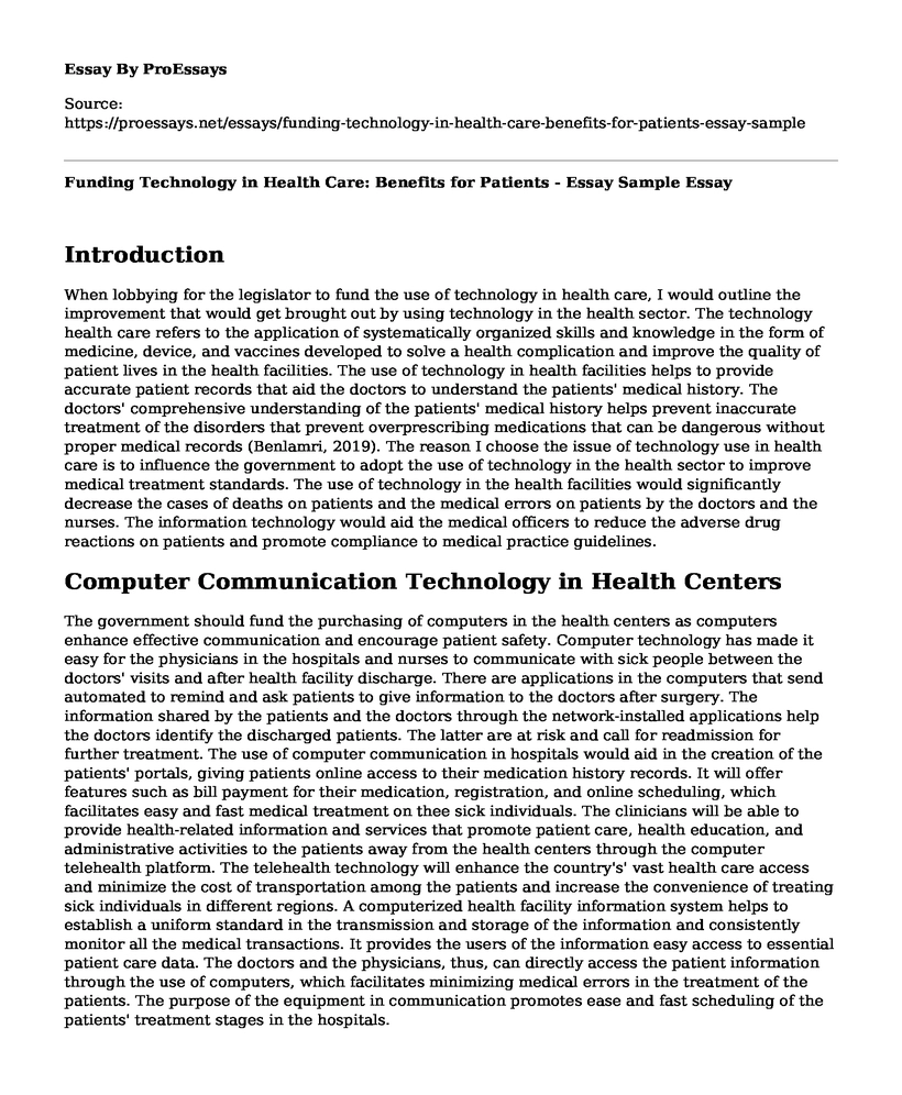 Funding Technology in Health Care: Benefits for Patients - Essay Sample
